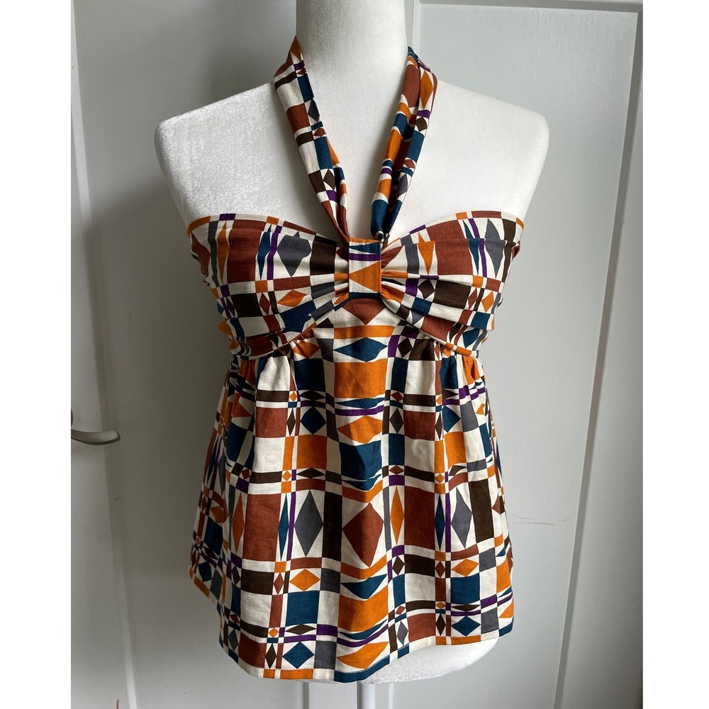 Sezane Tallulah Cotton Linen Halter Blouse Top 70s Ditsies Geometric 36 US 4